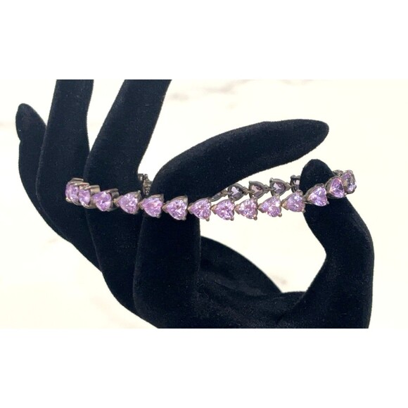 Vintage Sterling Silver Bracelet Purple Glass Heart Stones Signed 7" - Picture 1 of 14